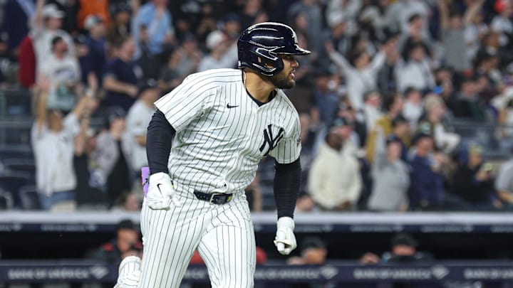 Apr 3, 2025; Bronx, New York, USA; New York Yankees left fielder Jasson Dominguez (24) runs the bases after hitting a double during the fourth inning against the Arizona Diamondbacks at Yankee Stadium. 