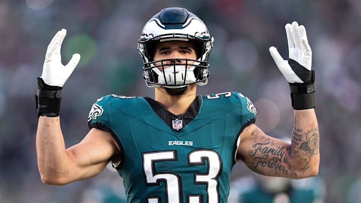 Jan 12, 2025; Philadelphia, Pennsylvania, USA; Philadelphia Eagles linebacker Zack Baun (53) before kick off against the Green Bay Packers in an NFC wild card game at Lincoln Financial Field. Mandatory Credit: Bill Streicher-Imagn Images