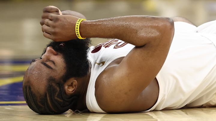 Apr 2, 2026; San Francisco, California, USA; Cleveland Cavaliers guard James Harden (1) on the floor after a play against the Golden State Warriors during the third quarter at Chase Center. Mandatory Credit: Kelley L Cox-Imagn Images