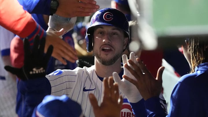 Oct 9, 2025; Chicago, Illinois, USA; Chicago Cubs right fielder Kyle Tucker (30) reacts in the dug out after hitting a home run against the Milwaukee Brewers during the seventh inning for game four of the NLDS round for the 2025 MLB playoffs at Wrigley Field. Mandatory Credit: David Banks-Imagn Images