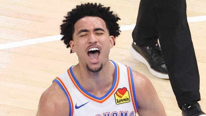 May 26, 2026; Oklahoma City, Oklahoma, USA; Oklahoma City Thunder guard Jared McCain (3) reacts after a basket during the fourth quarter against the San Antonio Spurs in game five of the western conference finals for the 2026 NBA playoffs at Paycom Center. Mandatory Credit: Brett Rojo-Imagn Images