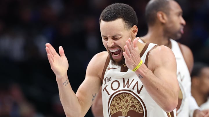Jan 22, 2026; Dallas, Texas, USA; Golden State Warriors guard Stephen Curry (30) reacts during the second half against the Golden State Warriors at American Airlines Center. Mandatory Credit: Kevin Jairaj-Imagn Images