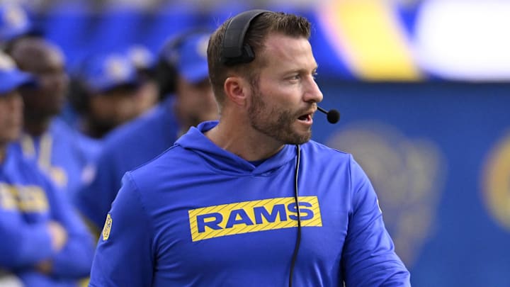 Oct 20, 2024; Inglewood, California, USA; Los Angeles Rams head coach Sean McVay walks the sideline against the Las Vegas Raiders during the second half at SoFi Stadium. Mandatory Credit: Alex Gallardo-Imagn Images