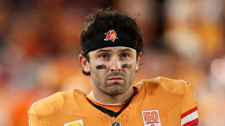 Tampa Bay Buccaneers quarterback Baker Mayfield (6) looks on against the Atlanta Falcons during the fourth quarter 