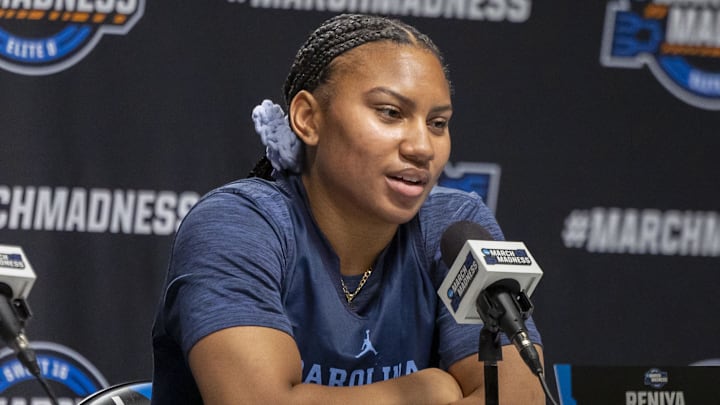 Mar 27, 2025; Birmingham, AL, USA; UNC Tar Heels guard Reniya Kelly (10) talks with the media before an NCAA Tournament practice session at Legacy Arena. Mandatory Credit: Vasha Hunt-Imagn Images