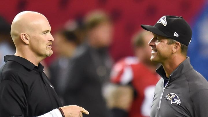 Sep 3, 2015; Atlanta, GA, USA; Atlanta Falcons head coach Dan Quinn (left) talks with Baltimore Ravens head coach John Harbaugh on the field prior to the game at the Georgia Dome. Mandatory Credit: Dale Zanine-Imagn Images