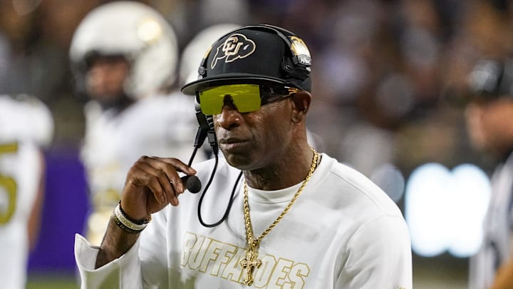 Oct 4, 2025; Fort Worth, Texas, USA; Colorado Buffaloes head coach Deion Sanders on the sidelines during the first half against the TCU Horned Frogs at Amon G. Carter Stadium.