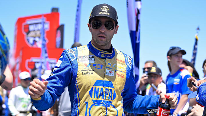 May 4, 2025; Fort Worth, Texas, USA; NASCAR Cup Series driver Chase Elliott (9) is introduced before the start of the Wurth 400 race at Texas Motor Speedway. Mandatory Credit: Jerome Miron-Imagn Images