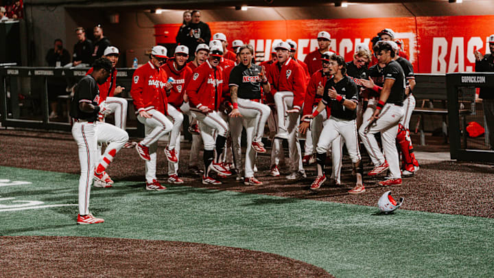 Sherman Johnson (far left) celebrates with his team after hitting a home run in NC State's 7-4 win over UNC-Wilmington on Tuesday, April 7, 2026. 