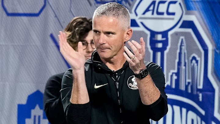 Dec 2, 2023; Charlotte, NC, USA; Florida State Seminoles head coach Mike Norvell during warm ups against the Louisville Cardinals at Bank of America Stadium. Mandatory Credit: Jim Dedmon-Imagn Images
