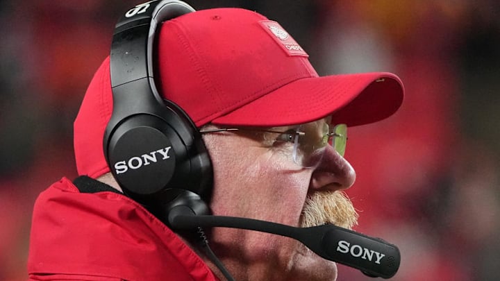 Dec 7, 2025; Kansas City, Missouri, USA; Kansas City Chiefs head coach Andy Reid is seen on the sideline during the fourth quarter against the Houston Texans at GEHA Field at Arrowhead Stadium. Mandatory Credit: Denny Medley-Imagn Images