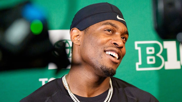 Oregon wide receiver Malik Benson speaks to reporters during Oregon Pro Day on March 17, 2026, at the Moshofsky Center in Eugene, Oregon.