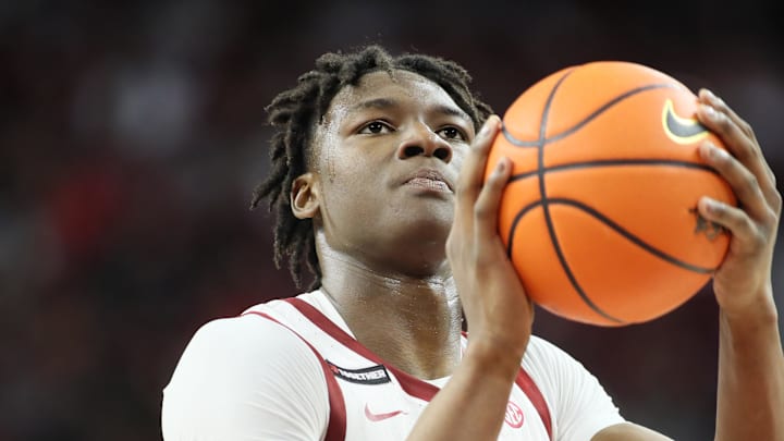 Feb 22, 2025; Fayetteville, Arkansas, USA; Arkansas Razorbacks forward Adou Thiero (3) shoots a free-throw during the second half against the Missouri Tigers at Bud Walton Arena. Mandatory Credit: Nelson Chenault-Imagn Images