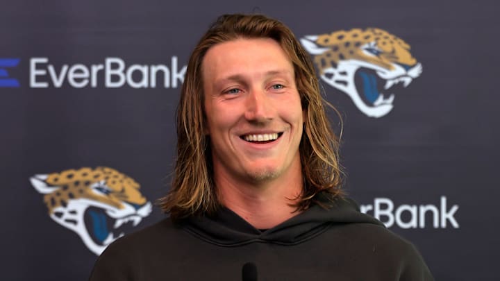 Jacksonville Jaguars quarterback Trevor Lawrence speaks during a press conference at the Miller Electric Center, Monday, April 20, 2026 in Jacksonville, Fla.