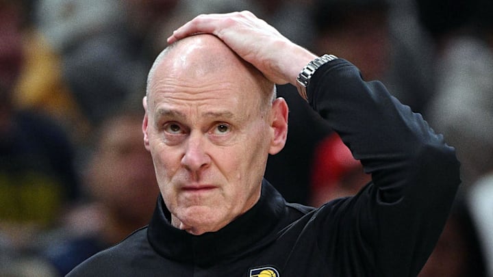 Mar 25, 2026; Indianapolis, Indiana, USA; Indiana Pacers head coach Rick Carlisle reacts to a call during the second quarter against the Los Angeles Lakers at Gainbridge Fieldhouse. Mandatory Credit: Marc Lebryk-Imagn Images