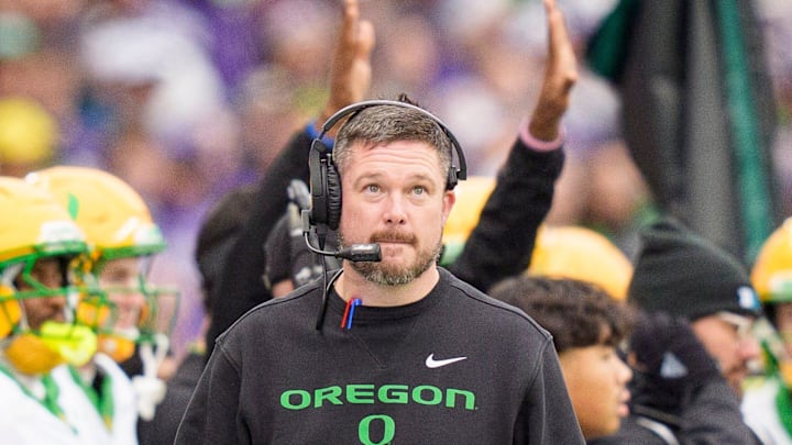 Oregon head coach Dan Lanning walks the sideline as the Oregon Ducks take on the Washington Huskies on Nov. 29, 2025, at Husky Stadium in Seattle, Washington. Oregon head coach Dan Lanning walks the sideline as the Oregon Ducks take on the Washington Huskies on Nov. 29, 2025, at Husky Stadium in Seattle, Washington.