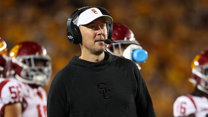 Oct 5, 2024; Minneapolis, Minnesota, USA; USC Trojans head coach Lincoln Riley looks on during the second half against the Minnesota Golden Gophers at Huntington Bank Stadium. Mandatory Credit: Matt Krohn-Imagn Images