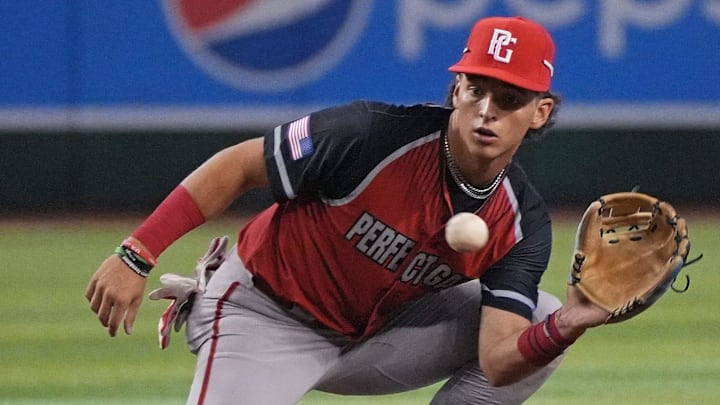 West Squad's Roch Cholowsky, of Hamilton High School in Chandler, catches a ball at second base mid-inning during the Perfect Game All-American Classic at Chase Field on Sunday, Aug. 28, 2022.
Uscp 7mie98j253cy1fd11rk2 Original West Squad's Roch Cholowsky, of Hamilton High School in Chandler, catches a ball at second base mid-inning during the Perfect Game All-American Classic at Chase Field on Sunday, Aug. 28, 2022.
Uscp 7mie98j253cy1fd11rk2 Original