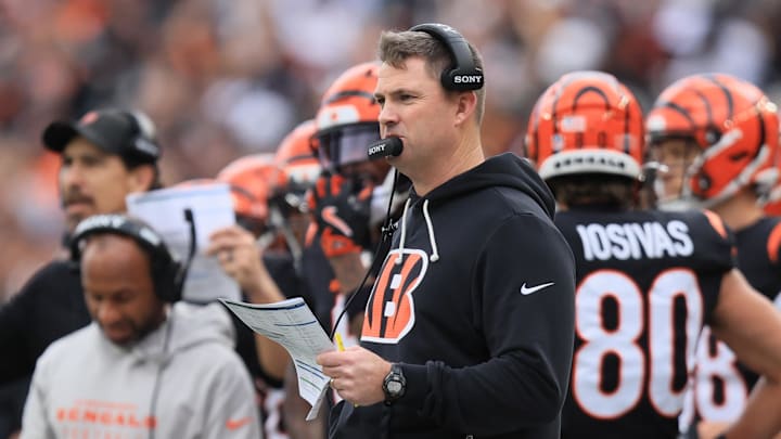 Dec 28, 2025; Cincinnati, Ohio, USA; Cincinnati Bengals head coach Zac Taylor during the first half against the Arizona Cardinals at Paycor Stadium. Mandatory Credit: Katie Stratman-Imagn Images