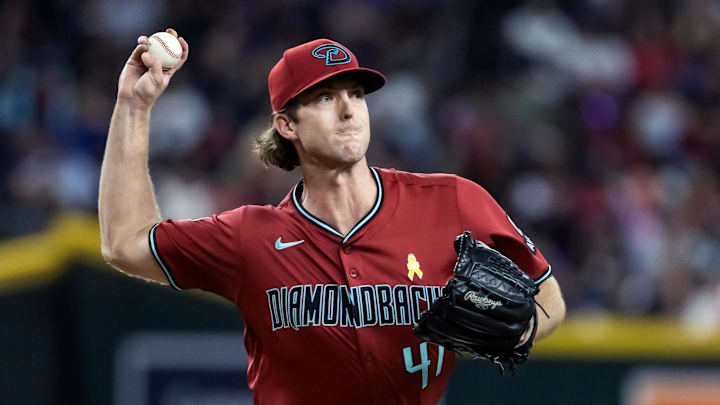 Sep 7, 2025; Phoenix, Arizona, USA; Arizona Diamondbacks pitcher Jake Woodford against the Boston Red Sox at Chase Field. Mandatory Credit: Mark J. Rebilas-Imagn Images