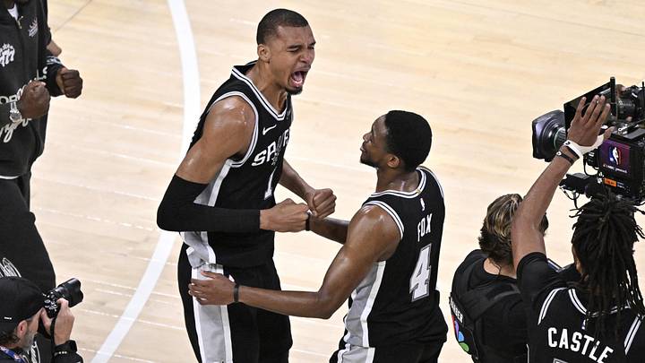 San Antonio Spurs forward Victor Wembanyama celebrates with guard De'Aaron Fox after defeating the Oklahoma City Thunder. San Antonio Spurs forward Victor Wembanyama celebrates with guard De'Aaron Fox after defeating the Oklahoma City Thunder.
