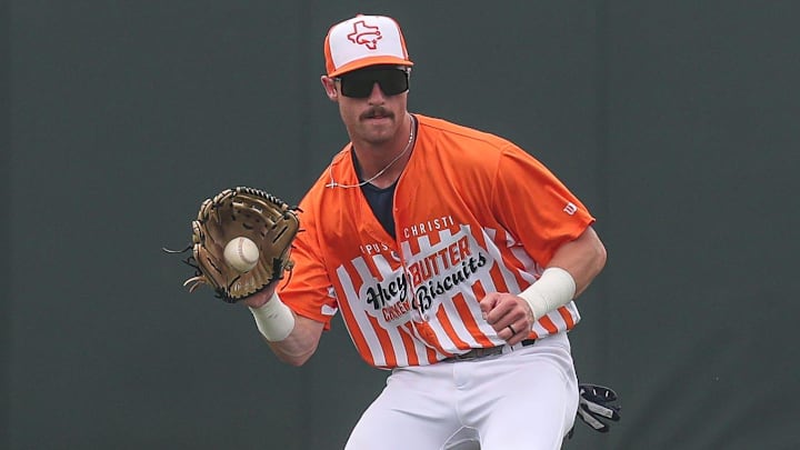 Hooks center fielder Jacob Melton fields a ground ball during Education Day at Whataburger Field, Wednesday, May 8, 2024, in Corpus Christi, Texas.