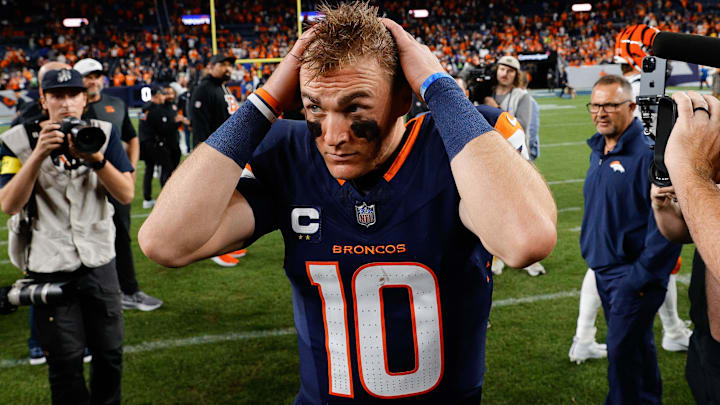 Sep 29, 2025; Denver, Colorado, USA; Denver Broncos quarterback Bo Nix (10) looks on after the game against the Cincinnati Bengals at Empower Field at Mile High. Sep 29, 2025; Denver, Colorado, USA; Denver Broncos quarterback Bo Nix (10) looks on after the game against the Cincinnati Bengals at Empower Field at Mile High.