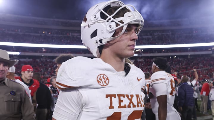 Nov 15, 2025; Athens, Georgia, USA; Texas Longhorns quarterback Arch Manning (16) looks on after a game against the Georgia Bulldogs at Sanford Stadium. Mandatory Credit: Brett Davis-Imagn Images