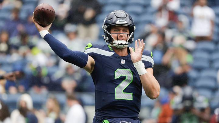 Seattle Seahawks quarterback Drew Lock warms up before the game against the New Orleans Saints at Lumen Field.