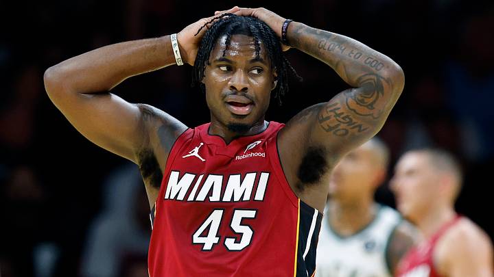 Miami Heat guard Davion Mitchell (45) stands on the court (Mandatory Credit: Rhona Wise-Imagn Images) Miami Heat guard Davion Mitchell (45) stands on the court (Mandatory Credit: Rhona Wise-Imagn Images)