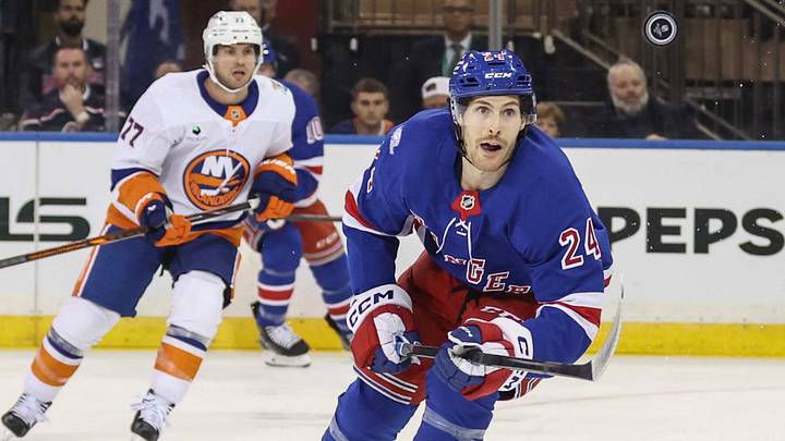 Oct 6, 2026; New York, New York, USA;  New York Rangers left wing Tye Kartye (24) watches the puck in the first period against the New York Islanders at Madison Square Garden.  Mandatory Credit: Wendell Cruz-Imagn Images