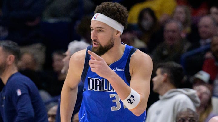 Jan 15, 2025; New Orleans, Louisiana, USA; Dallas Mavericks guard Klay Thompson (31) reacts after making a three point basket against the New Orleans Pelicans during the second half at Smoothie King Center. Mandatory Credit: Matthew Hinton-Imagn Images