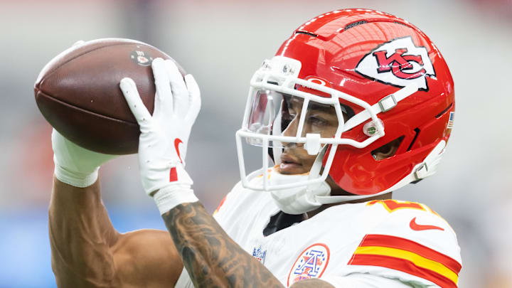 Aug 9, 2025; Glendale, Arizona, USA; Kansas City Chiefs cornerback Trent McDuffie (22) against the Arizona Cardinals during a preseason NFL game at State Farm Stadium. Mandatory Credit: Mark J. Rebilas-Imagn Images