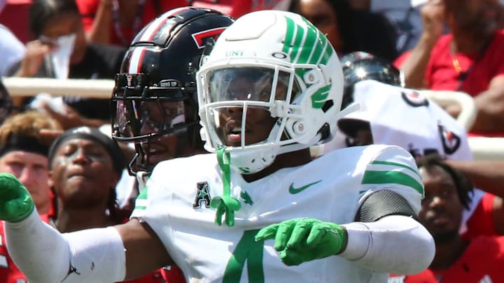 Sep 14, 2024; Lubbock, Texas, USA;  North Texas Mean Green defensive back Brian Nelson (4) signals in the second half during the game against the Texas Tech Red Raiders at Jones AT&T Stadium and Cody Campbell Field. Mandatory Credit: Michael C. Johnson-Imagn Images