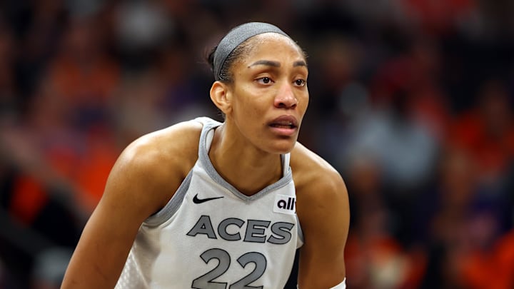 Oct 8, 2025; Phoenix, Arizona, USA; Las Vegas Aces center A'ja Wilson (22) against the Phoenix Mercury during game three of the 2025 WNBA Finals at PHX Arena. Mandatory Credit: Mark J. Rebilas-Imagn Images