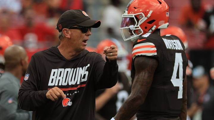 Sep 20, 2026; Tampa, Florida, USA;  Cleveland Browns head coach Todd Monken with quarterback Deshaun Watson (4) during warm up prior to the game against the Tampa Bay Buccaneers at Raymond James Stadium.  Mandatory Credit: Kim Klement Neitzel-Imagn Images
