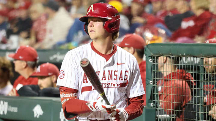 Reese Robinett in the on deck circle against the Texas Longhorns. The Razorbacks swept the Horns in a three-game set for the first time in school history Reese Robinett in the on deck circle against the Texas Longhorns. The Razorbacks swept the Horns in a three-game set for the first time in school history