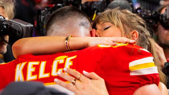 Kansas City Chiefs tight end Travis Kelce (87) celebrates with girlfriend Taylor Swift after winning Super Bowl Kansas City Chiefs tight end Travis Kelce (87) celebrates with girlfriend Taylor Swift after winning Super Bowl