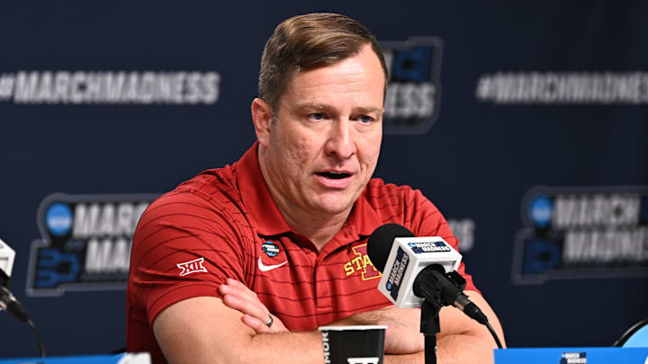 Mar 20, 2026; St. Louis, MO, USA; Iowa State Cyclones head coach T.J. Otzelberger addresses the media after a first round game of the men's 2026 NCAA Tournament against the Tennessee State Tigers at Enterprise Center. 