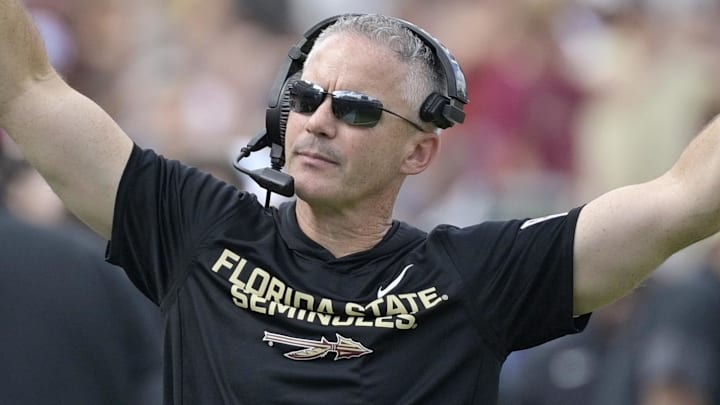 Oct 11, 2025; Tallahassee, Florida, USA; Florida State Seminoles head coach Mike Norvell during the second half against the Pittsburgh Panthers at Doak S. Campbell Stadium. Mandatory Credit: Melina Myers-Imagn Images