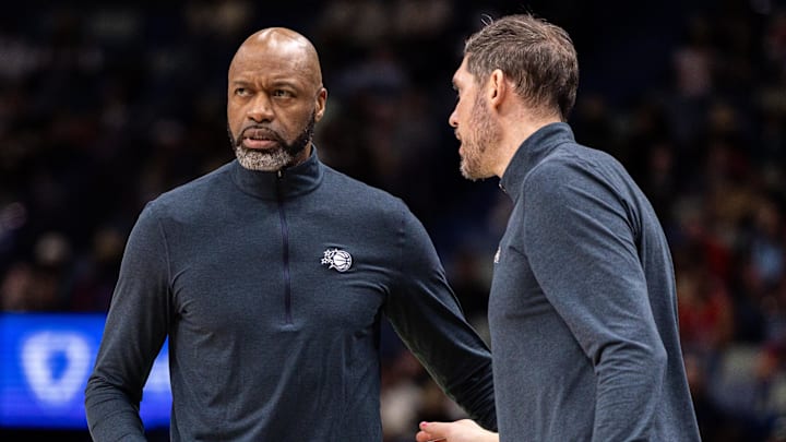 Apr 05, 2026; New Orleans, LA, USA; Orlando Magic Head Coach Jamahl Mosley looks on against the New Orleans Pelicans  in the first half at Smoothie King Center. Mandatory Credit: Stephen Lew-Imagn Images