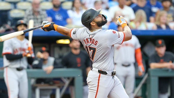 Sep 21, 2024; Kansas City, Missouri, USA; San Francisco Giants left fielder Heliot Ramos (17) watches a pop fly during the top of the eight inning against the Kansas City Royals at Kauffman Stadium. Sep 21, 2024; Kansas City, Missouri, USA; San Francisco Giants left fielder Heliot Ramos (17) watches a pop fly during the top of the eight inning against the Kansas City Royals at Kauffman Stadium.