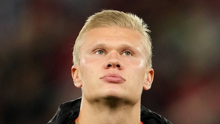 Erling Haaland stands before the Norway v Denmark match