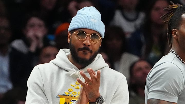 Apr 10, 2022; Denver, Colorado, USA; Los Angeles Lakers forward Carmelo Anthony (7) (left) and guard Malik Monk (11) (right) cheer during the second half against the Denver Nuggets at Ball Arena. Mandatory Credit: Ron Chenoy-Imagn Images Apr 10, 2022; Denver, Colorado, USA; Los Angeles Lakers forward Carmelo Anthony (7) (left) and guard Malik Monk (11) (right) cheer during the second half against the Denver Nuggets at Ball Arena. Mandatory Credit: Ron Chenoy-Imagn Images