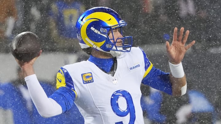 Jan 18, 2026; Chicago, IL, USA; Los Angeles Rams quarterback Matthew Stafford (9) throws a pass against the Chicago Bears during the second quarter of an NFC Divisional Round game at Soldier Field. Mandatory Credit: David Banks-Imagn Images