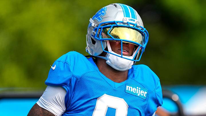 Detroit Lions running back Jahmyr Gibbs (0) practices during training camp Detroit Lions running back Jahmyr Gibbs (0) practices during training camp