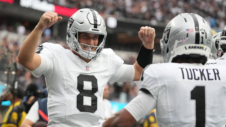 Sep 20, 2026; Inglewood, California, USA;  Las Vegas Raiders quarterback Kirk Cousins (8) celebrates with Las Vegas Raiders wide receiver Tre Tucker (1) after a touchdown against the Los Angeles Chargers during the second half at SoFi Stadium.  Mandatory Credit: Kirby Lee-Imagn Images