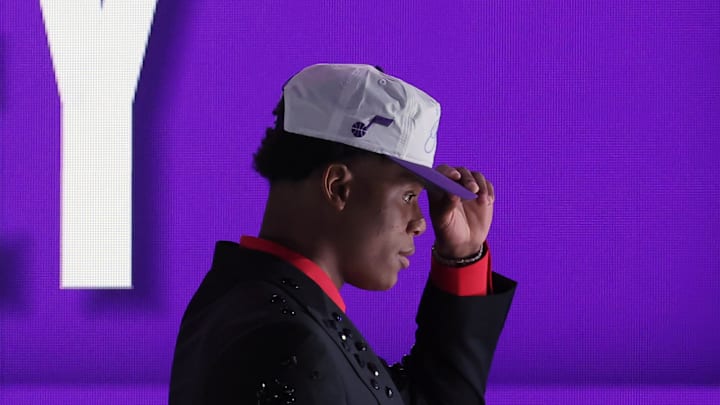 Jun 25, 2025; Brooklyn, NY, USA;  Ace Bailey looks on after being selected as the fifth pick by the Utah in the first round of the 2025 NBA Draft at Barclays Center. Mandatory Credit: Brad Penner-Imagn Images