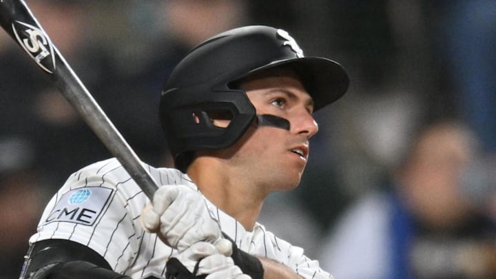 Apr 28, 2026; Chicago, Illinois, USA; Chicago White Sox catcher Drew Romo (36) hits a two-run home run against the Los Angeles Angels during the fourth inning at Rate Field. Mandatory Credit: Patrick Gorski-Imagn Images