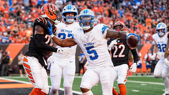Detroit Lions running back David Montgomery (5) runs for a touchdown against Cincinnati Bengals during the second half at Paycor Stadium in Cincinnati on Sunday, Oct. 5, 2025. Detroit Lions running back David Montgomery (5) runs for a touchdown against Cincinnati Bengals during the second half at Paycor Stadium in Cincinnati on Sunday, Oct. 5, 2025.